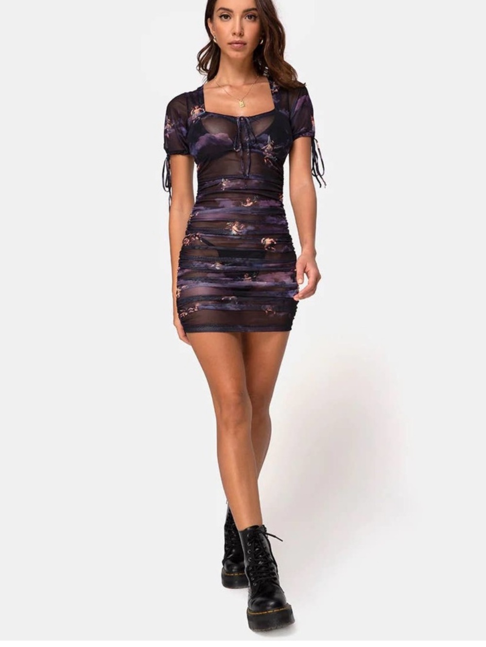 Ruched Sheer Mini Dress in Dark Purple Floral - Picture 4 of 9